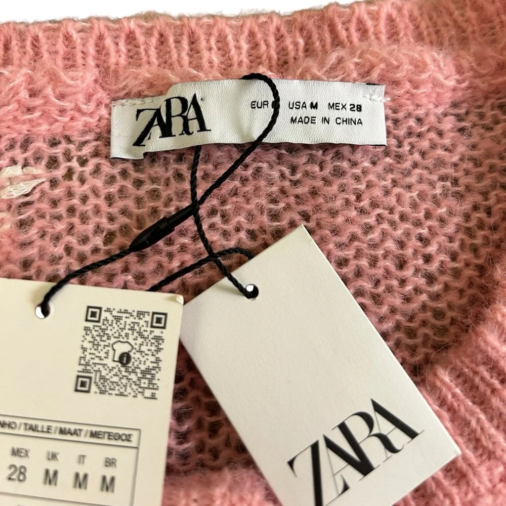 NWT ZARA Distressed‎ Knit Cropped Cardigan Sweater Pink Red White Medium